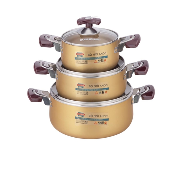 Bộ nồi Anod Sunhouse SH6634, Bộ 3 nồi size 16, 20, 24cm, Vung kính cường lực, Sử dụng bếp gas và bếp hồng ngoại