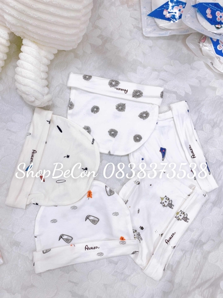 Set 5 mũ sơ sinh sợi tre hoạ tiết