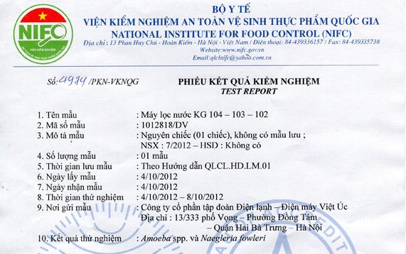 Kết quả xét nghiệm chất lượng nước qua máy lọc Kangaroo