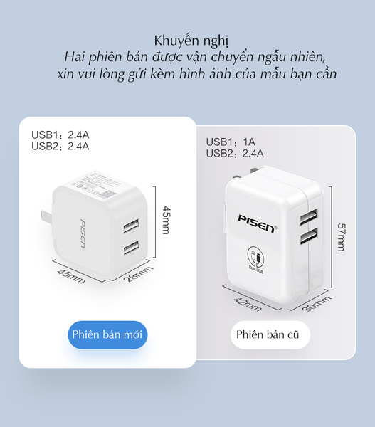 Cốc Sạc PISEN Quick Dual USB 2.4A (PSD07-2A)