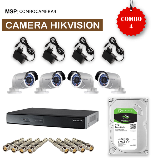 Combo 4 Camera HikVision DS-2CE16D0T-IR + Đầu ghi hình HIKVISION