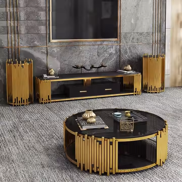 bàn trà 2 tầng mật kính mạ vàng PVD decor trong phòng khách