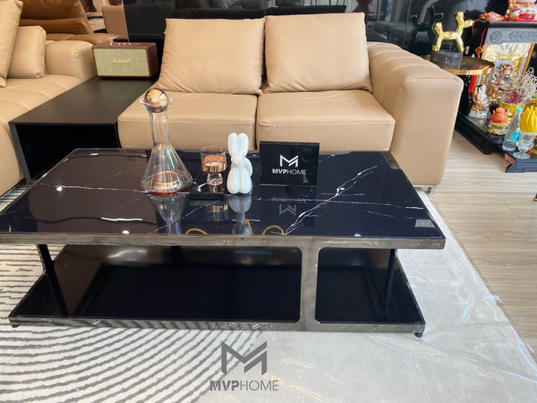 Bàn trà mặt đá hoa cương đen sang trọng 2 tầng cho phòng khách hiện đại.