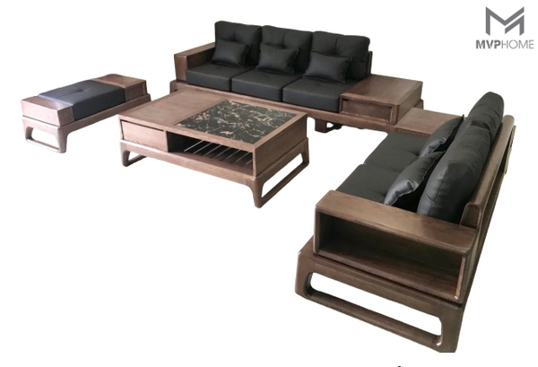 bộ sofa gỗ và bàn trà phòng khách