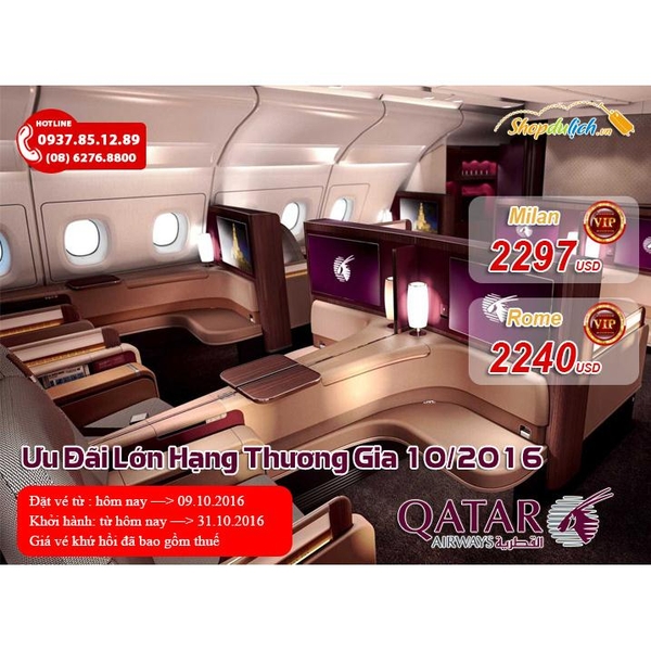 Qatar Airways (QR) Ưu Đãi Lớn Hạng Thương Gia T10-2016