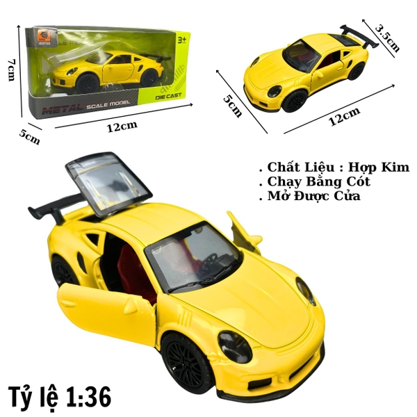 Mô Hình xe Porsche 911 màu vàng - tỉ lệ 1:36 Hợp kim có thể mở cửa - bánh sau chạy cót - Dài 12cm - rộng 5cm - cao 3.5cm - nặng : 200gram - FULL BOX : box màu - SKU : oto65 -K68-T2-S8