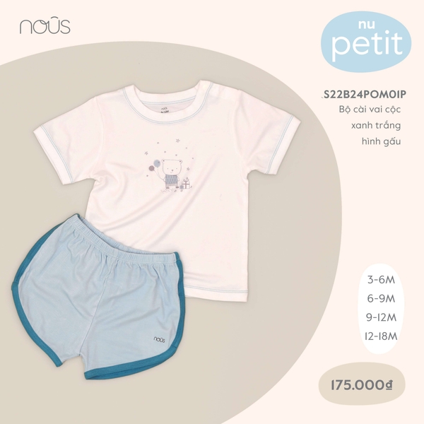 Bộ Nous cài vai cộc tay màu xanh trắng, hình gấu