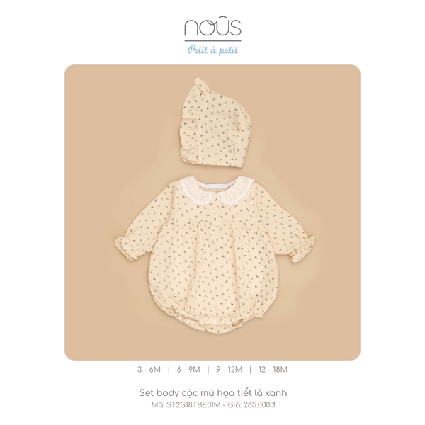 Bộ body Nous cộc mũ họa tiết lá xanh chất liệu Nu Muslin