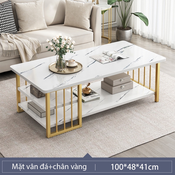 Bàn trà, bàn cafe mặt gỗ vân đá, hộc bàn rộng rãi lưu trữ đồ, chân sắt màu vàng sơn tĩnh điện chắc chắn, sang trọng