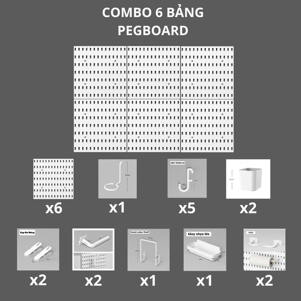 Combo 6 Pegboard dán tường kèm phụ kiện màu trắng