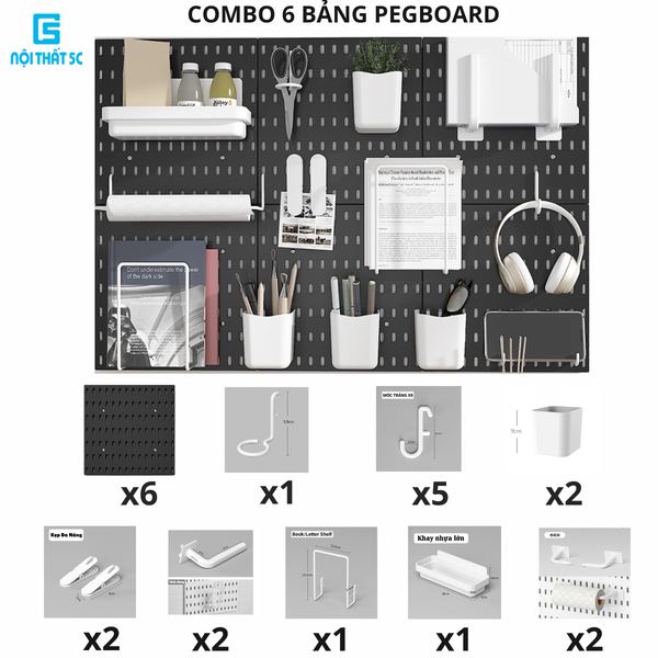 Combo 6 bảng Pegboard dán tường kèm phụ kiện