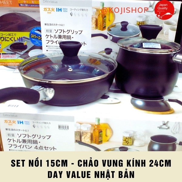 Set nồi chiên ngập dầu 15cm và chảo chống dính vung kính 24 cm Day Value Nhật Bản