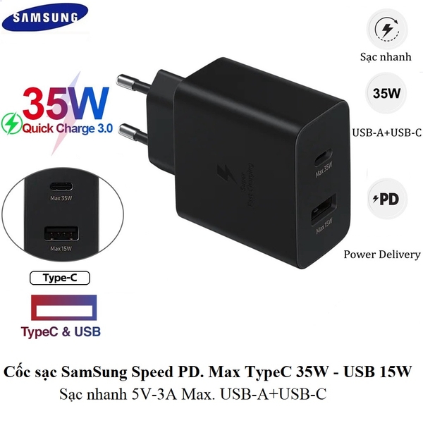 Cóc sạc nhanh Samsung S22 ZIN 5G (KO KÈM CÁP) PD 35w (Cóc 1 Usb-A, 1 Usb-C  Type C) full box [BH 6 tháng]