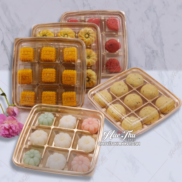 Hộp nhựa vuông 9 ô 22x22cm (10 hộp) đựng bánh Mochi, Trung Thu, rau câu