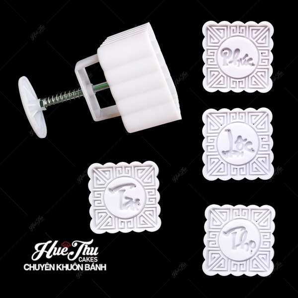 Khuôn lò xo Phúc Lộc Thọ Tài 150g (vuông, 4 mặt) - khuôn làm bánh trung thu, bánh dứa, bánh cốm xu xê, nhấn xôi hoa đậu