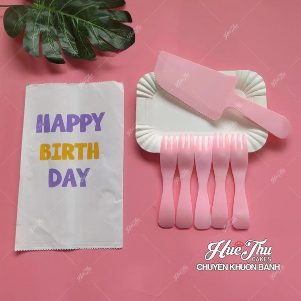 Combo 10 đĩa Giấy + 10 dĩa + 1 Dao + 1 vỉ 10 cây nến, Bộ Dao dĩa nến - Phụ kiện bánh sinh nhật bánh kem