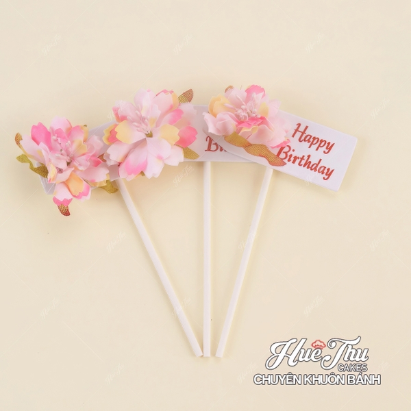 Que cắm Happy Birthday Gắn Hoa phụ kiện trang trí bánh sinh nhật, bánh rau câu, bánh kem