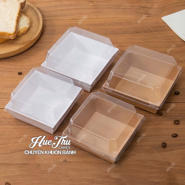 Hộp vuông giấy Kraft 10.5/11.5/12.9cm (10 cái, có nắp) màu nâu, trắng đựng bánh trôi, bánh bông lan, rau câu, đồ ăn