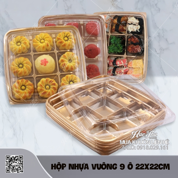 Hộp nhựa vuông 9 ô 22x22cm (10 hộp) đựng bánh Mochi, Trung Thu, rau câu