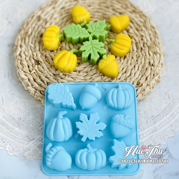 Khuôn silicon Bí Ngô, Lá Phong A146 (vỉ 9 hình) làm bánh rau câu 3D 4D nhấn xôi, fondant, socola, nến hanmade