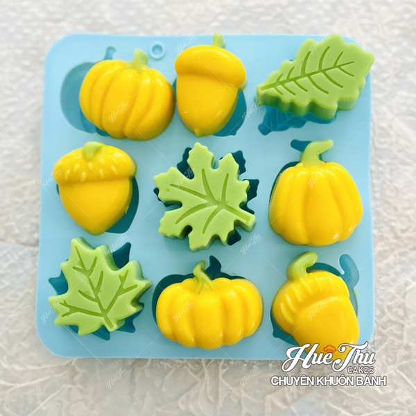 Khuôn silicon Bí Ngô, Lá Phong A146 (vỉ 9 hình) làm bánh rau câu 3D 4D nhấn xôi, fondant, socola, nến hanmade