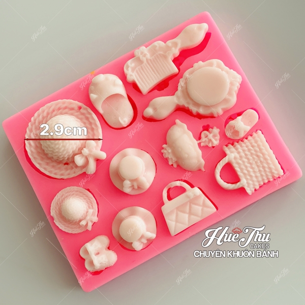 Khuôn silicon Túi Xách, Lược, Gương... A174 (vỉ 12 hình) làm bánh rau câu 3D 4D nhấn xôi, fondant, socola, nến hanmade
