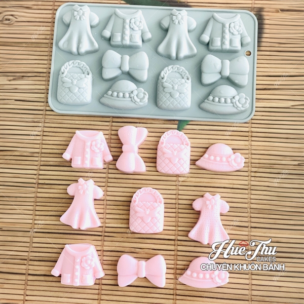 Khuôn silicon Váy Túi Mũ Cute A143 (vỉ 10 hình) làm bánh rau câu 3D 4D nhấn xôi, fondant, socola, nến hanmade