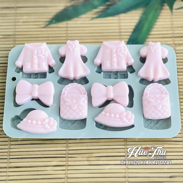 Khuôn silicon Váy Túi Mũ Cute A143 (vỉ 10 hình) làm bánh rau câu 3D 4D nhấn xôi, fondant, socola, nến hanmade