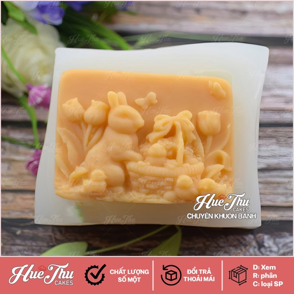 Khuôn silicon Thỏ Ngọc Bên Giỏ Quà làm bánh rau câu 3D 4D nhấn xôi, fondant, socola, nến hanmade