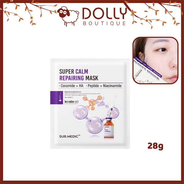 Mặt nạ Sur.Medic Super Calm Repairing Mask 28g, bao bì màu xanh pastel, chứa Ceramide, HA và Niacinamide, giúp làm dịu da, giảm kích ứng và phục hồi da hiệu quả.