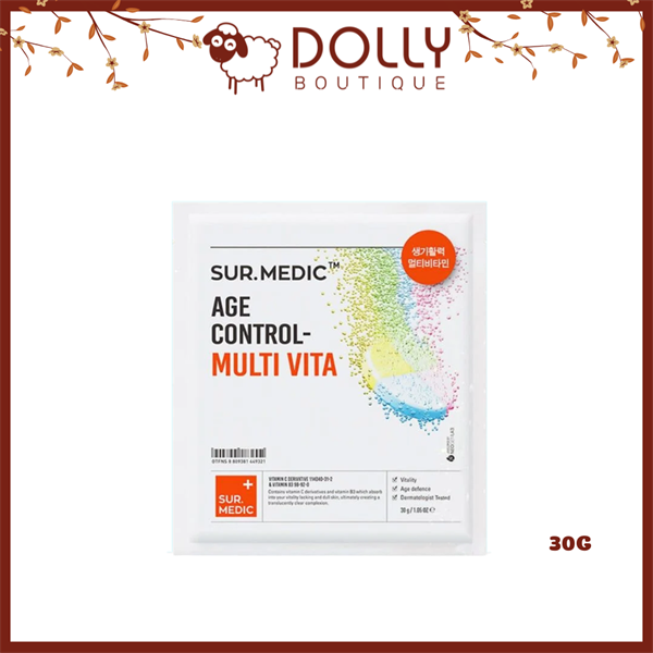 Mặt nạ Sur.Medic+ Age Control Multi Vita Mask 30g, bao bì màu cam – trắng, chứa phức hợp vitamin và peptide, giúp chống lão hóa, làm sáng và phục hồi da hiệu quả.