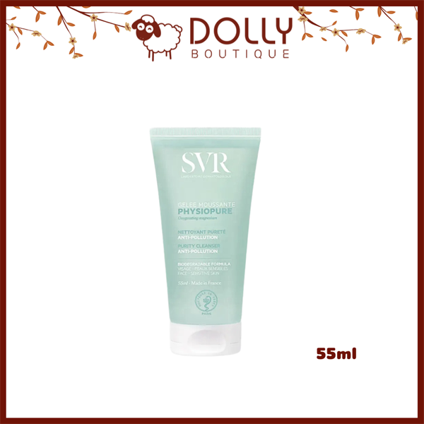 Tuýp gel rửa mặt SVR Physiopure 55ml màu trắng xanh, thiết kế nhỏ gọn, phù hợp cho da nhạy cảm, làm sạch nhẹ nhàng và giữ ẩm cho da.
