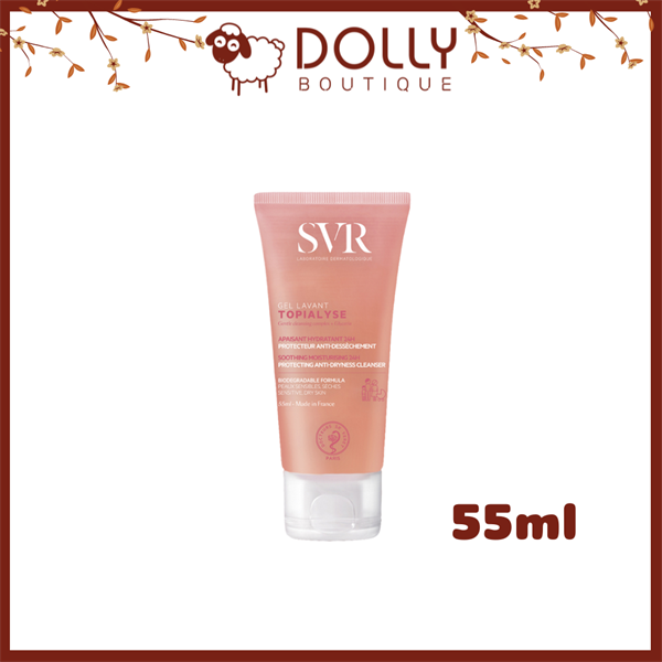 Tuýp gel rửa mặt SVR Topialyse 55ml màu trắng xanh pastel, thiết kế nhỏ gọn, phù hợp cho da khô và nhạy cảm, làm sạch nhẹ nhàng và giữ ẩm.