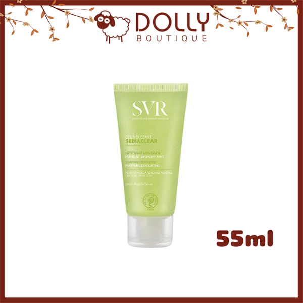Tuýp gel rửa mặt SVR Sebiaclear 55ml màu xanh pastel, thiết kế nhỏ gọn, phù hợp cho da dầu mụn và nhạy cảm, làm sạch sâu mà không gây khô da.
