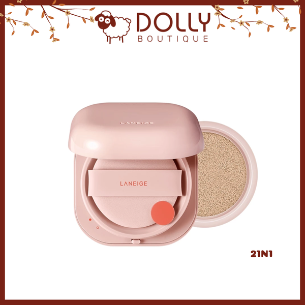 Hộp phấn nước Laneige Neo Cushion Glow màu hồng pastel, gồm 2 lõi 15g, tông màu 21N1 Beige tự nhiên, thiết kế hiện đại, phù hợp da thường và da khô.