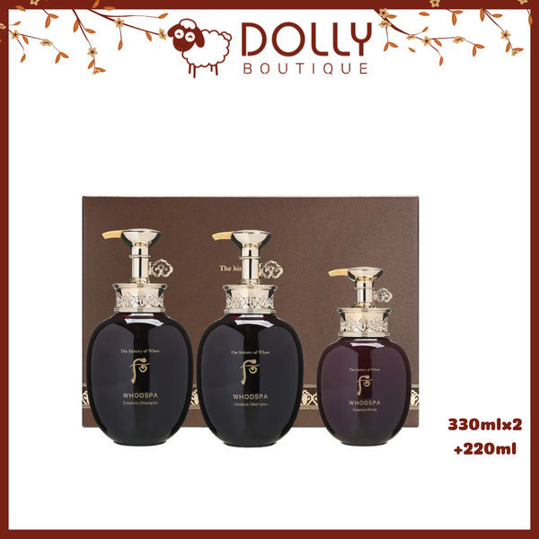Bộ dầu gội xả đông y Whoo Spa Essence Shampoo gồm 2 chai 330ml và 1 chai xả 220ml, thiết kế sang trọng, chiết xuất thảo dược hoàng cung, phục hồi tóc hư tổn và giảm rụng hiệu quả.