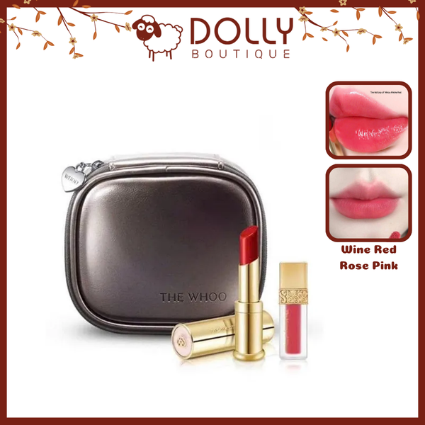 Set son dưỡng môi Whoo Glow Lip Balm Special Winered 3 món gồm son dưỡng, son kem lì và phụ kiện, thiết kế sang trọng, sắc đỏ rượu quý phái, giúp môi mềm mịn và căng bóng tự nhiên.