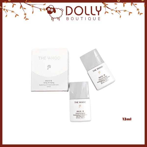 Kem BB Whoo Gongjinhyang Brightening UV Protective BB Cream SPF50+ PA+++ 13ml, tuýp nhỏ màu vàng ánh kim, chất kem mịn, giúp làm đều màu da, chống nắng và dưỡng sáng da.