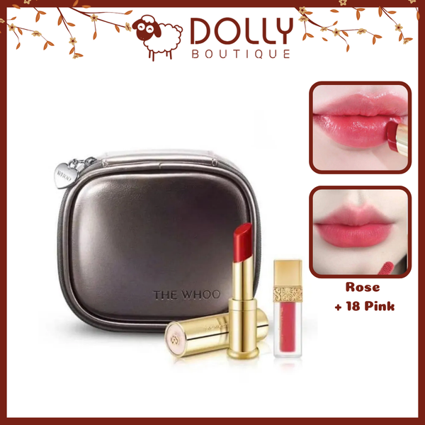 Set son dưỡng môi Whoo Glow Lip Balm Special Rose 3 món gồm son dưỡng, son kem và phụ kiện, thiết kế sang trọng, giúp môi căng mọng, mềm mịn và hồng hào tự nhiên.