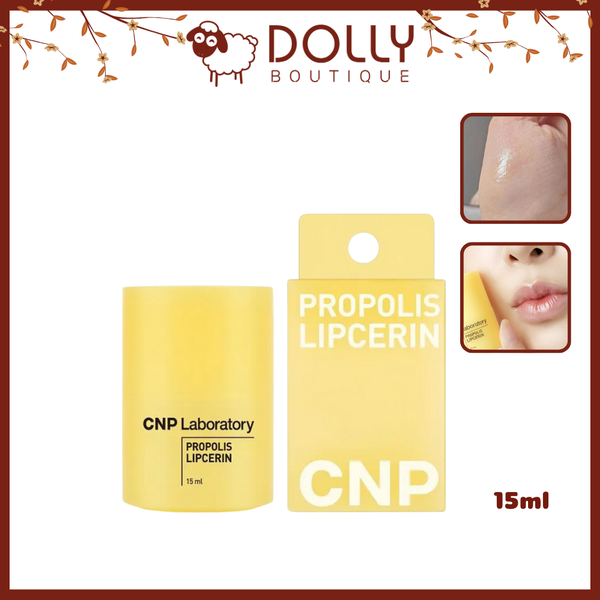 Tuýp dưỡng môi CNP Propolis Lipcerin 15ml màu vàng nhạt, thiết kế nhỏ gọn, chiết xuất keo ong, giúp dưỡng ẩm và làm mềm môi hiệu quả.