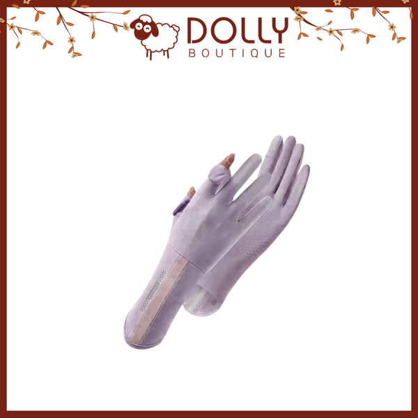 Bao tay chống nắng màu tím than dài 28cm, thiết kế xỏ hở ngón, chất thun lạnh co giãn, ôm sát tay, chống tia UV, phù hợp nam nữ vận động ngoài trời.