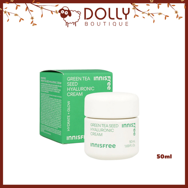 Hũ kem dưỡng Innisfree Green Tea Seed Hyaluronic Cream 50ml màu xanh lá, thiết kế đơn giản, chiết xuất trà xanh và Hyaluronic Acid cấp ẩm cho da