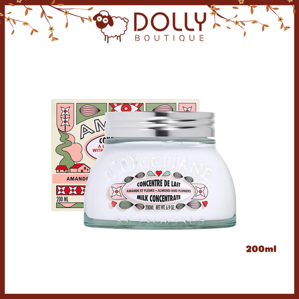 Kem dưỡng thể L’Occitane Almond & Flowers Milk Concentrate 200ml, thiết kế hũ thủy tinh sang trọng, nắp bạc, chất kem mịn, hương hoa hạnh nhân nhẹ nhàng, giúp cấp ẩm và làm mềm da.