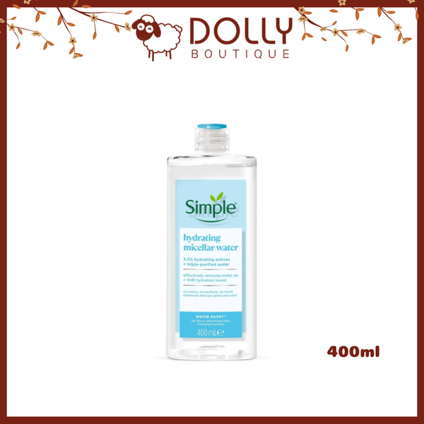 Chai nước tẩy trang Simple Water Boost 400ml màu xanh dương nhạt, thiết kế tối giản, dành cho da khô và nhạy cảm, giúp làm sạch và cấp ẩm tức thì.