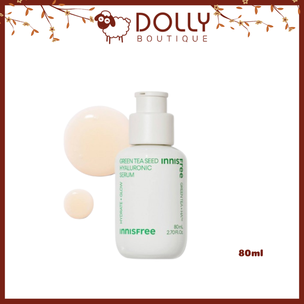 Chai serum Innisfree Green Tea Seed Hyaluronic 80ml màu xanh lá, thiết kế tối giản, phù hợp da khô và nhạy cảm, cấp ẩm sâu và làm dịu da hiệu quả.