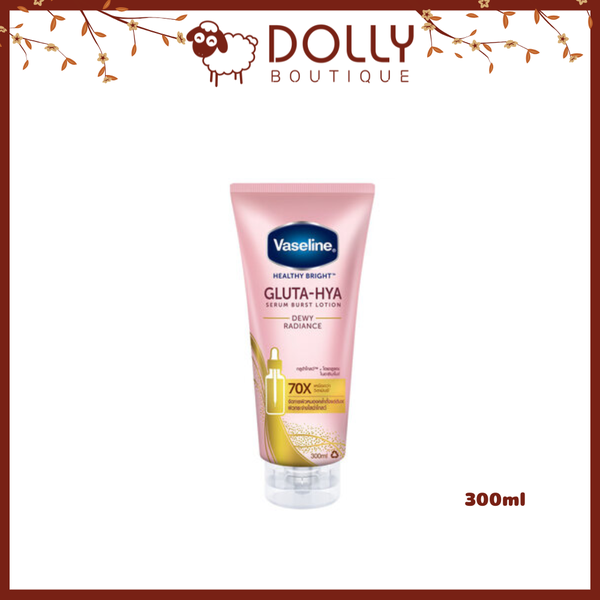 Chai sữa dưỡng thể Vaseline Gluta-Hya Dewy Radiance 300ml màu hồng pastel, thiết kế hiện đại, giúp dưỡng sáng và cấp ẩm cho làn da rạng rỡ.