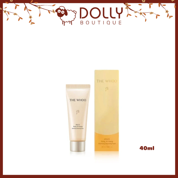 Tuýp sữa rửa mặt Whoo Gongjinhyang Clarifying Cleansing Foam 40ml màu vàng ánh kim, thiết kế sang trọng, dạng kem tạo bọt, giúp làm sạch sâu và dưỡng da mềm mịn.