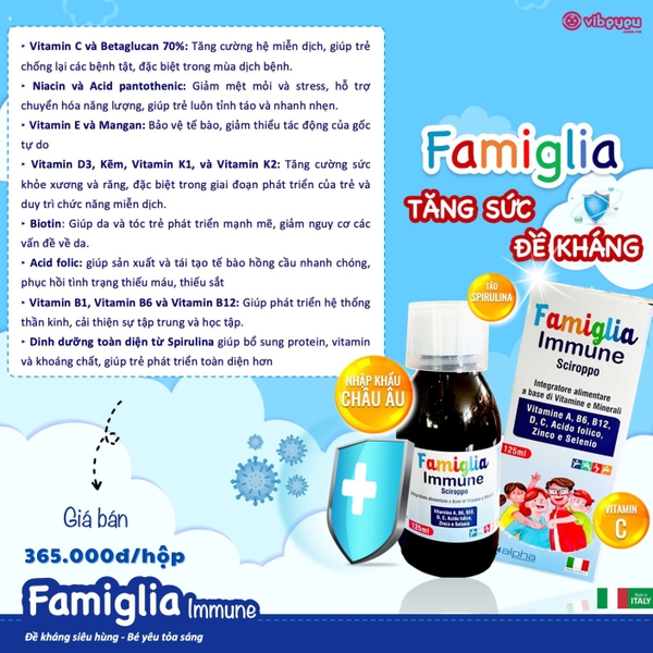 Vitamin Tảo Xoắn Famiglia Immune toàn diện - Dành cho bé từ 0 tháng.