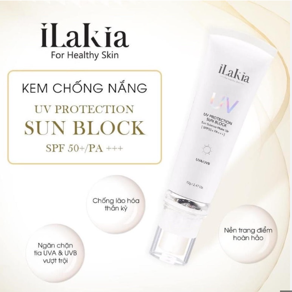 Kem chống nắng Ilakia UV Protection Sun Block SPF50+ PA+++ 70gr tiêu chuẩn Hàn Quốc chính hãng giá rẻ tiết kiệm nên mua tại Gili