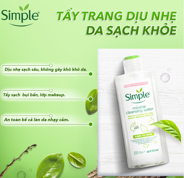 Nước tẩy trang Simple Kind To Skin Micellar Cleansing Water 200ml tiêu chuẩn Anh chính hãng giá rẻ tiết kiệm nên mua tại Gili